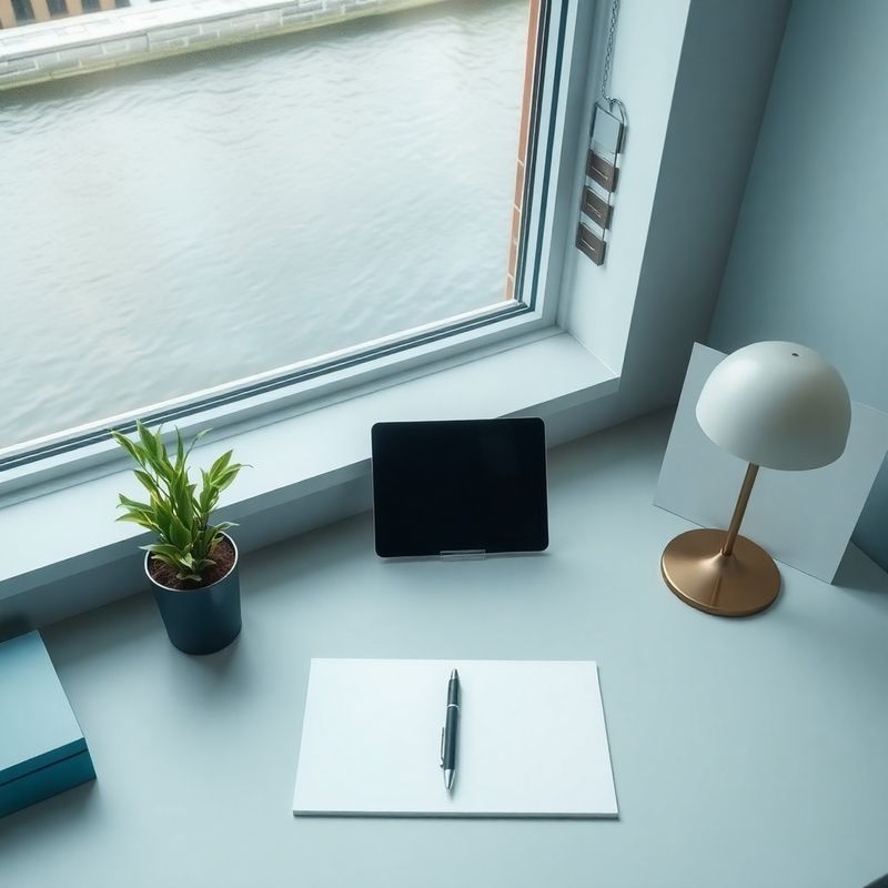 Minimalistisch bureau met notitieblok en pen in azuurtinten